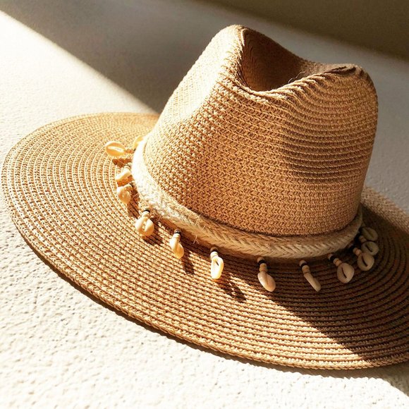 Riah Fashion Accessories - NEW Natural Tan Sea Shell Beads Band Straw Wide Brim Panama Floppy Beach Sun Hat